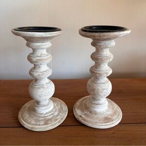 Wood carved pillar candle holders (set)